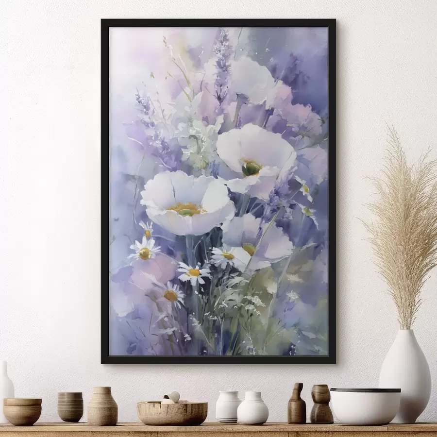Papier peint photo bouquet aquarelle dans les tons lilas et blanc f45720