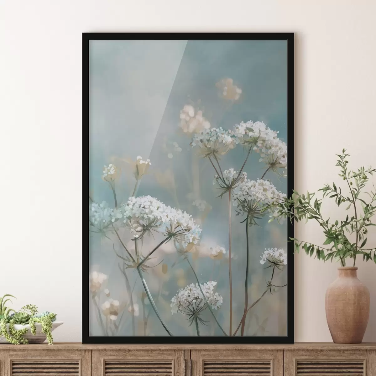 Affiche Fleurs de Queen Anne's Lace peintes à l'aquarelle sur fond bleu f45721