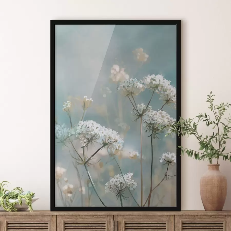 Fotobehang Queen Anne's Lace-bloemen in aquarelstijl op een blauwe achtergrond f45721