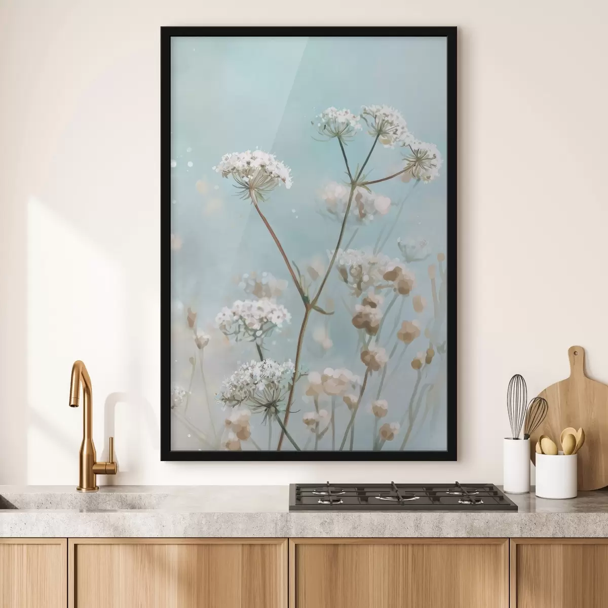 Poster Queen Anne's Lace-bloemen in aquarelstijl op een blauwe achtergrond f45722