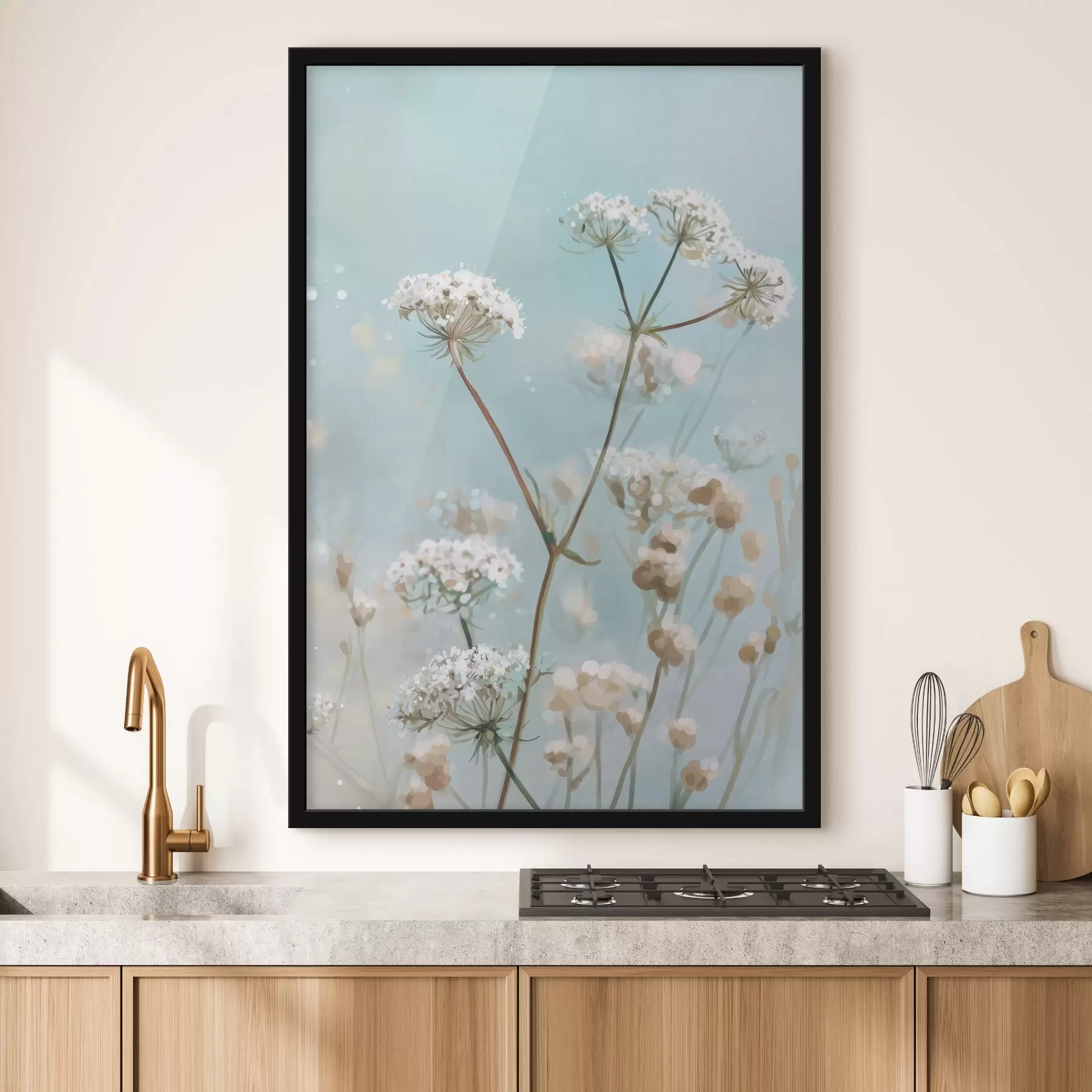 Fotobehang Queen Anne's Lace-bloemen in aquarelstijl op een blauwe achtergrond f45722