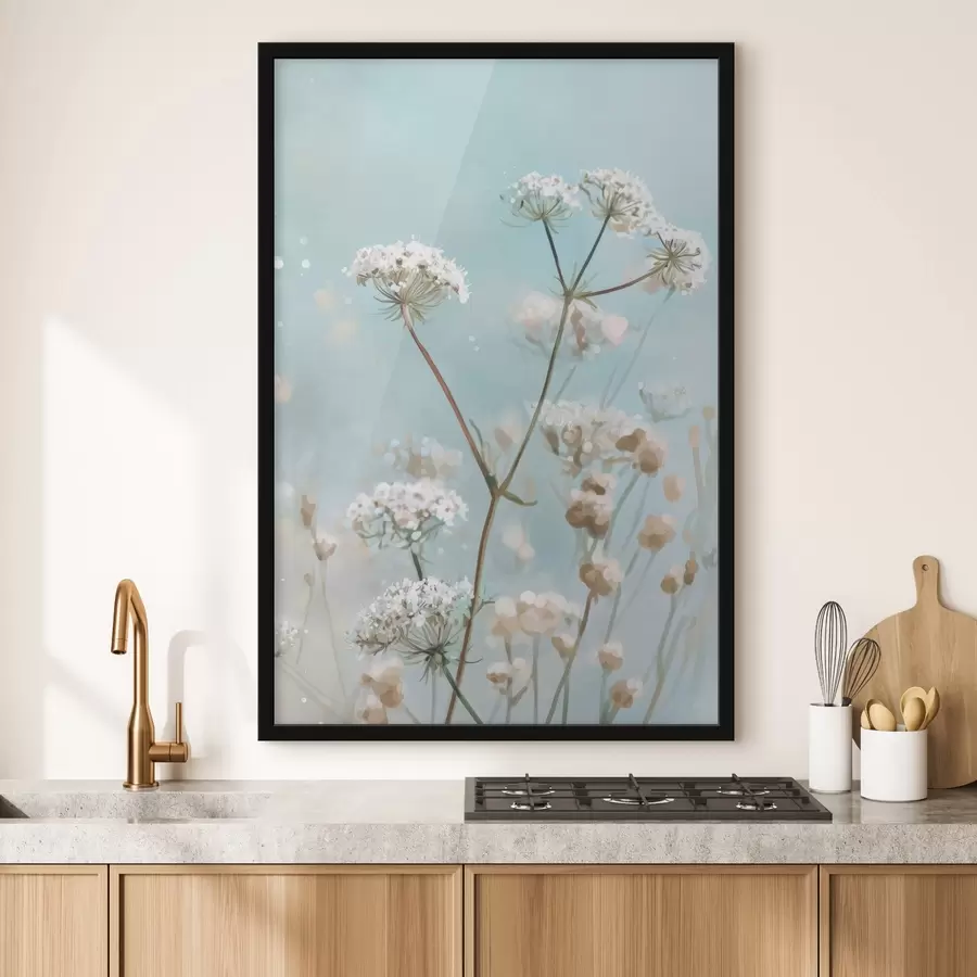 Fotobehang Queen Anne's Lace-bloemen in aquarelstijl op een blauwe achtergrond f45722