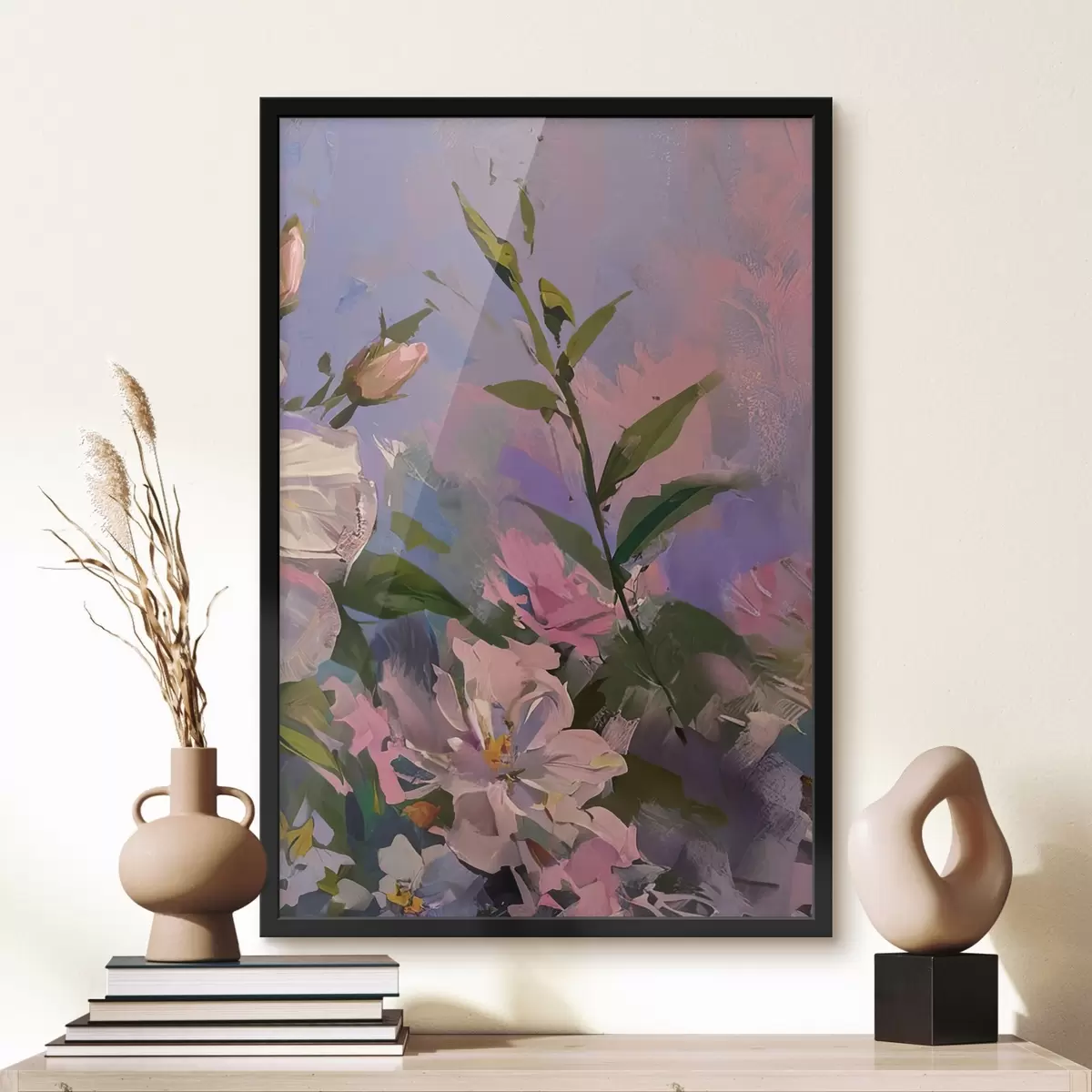 Poster roze bloemen in de stijl van een olieverfschilderij f45724