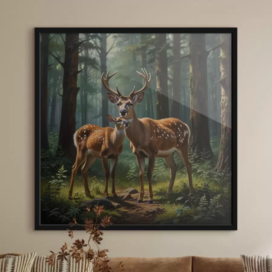 Papier peint photo cerf avec faon dans la forêt f45732