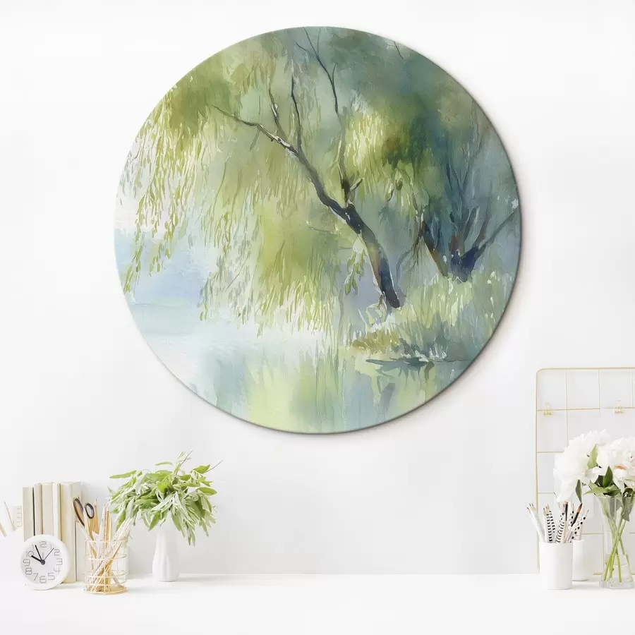  Schilderijen wilgenboom aan de oever van het meer in aquarelstijl r45715