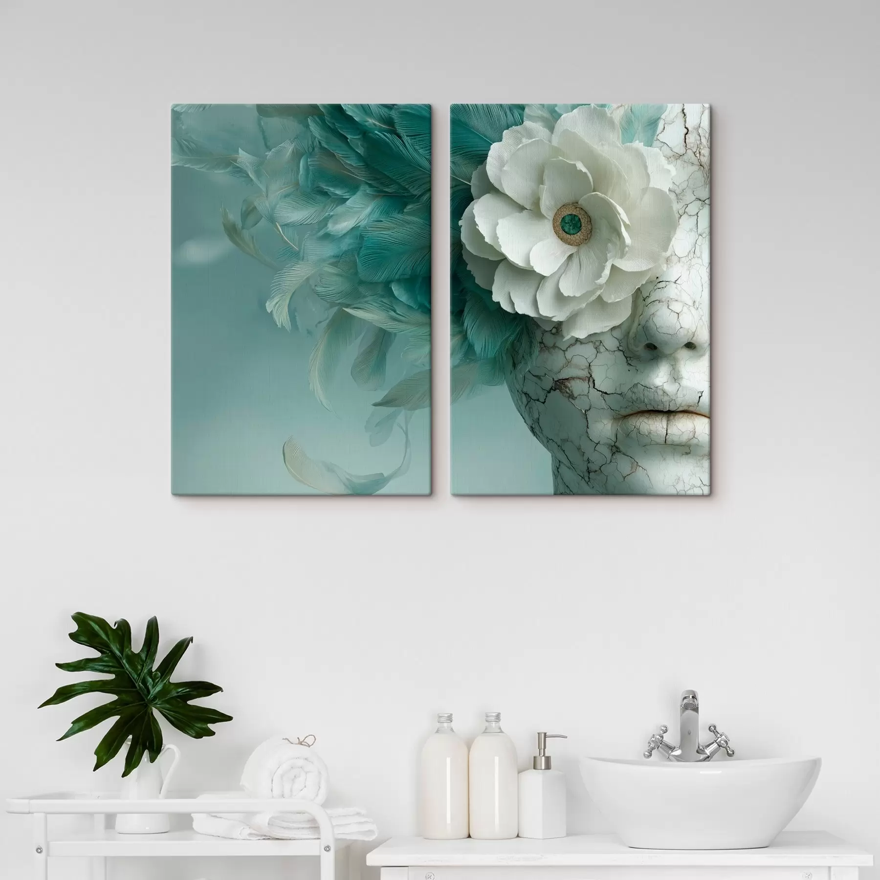  Schilderijen marmeren gezicht van een meisje met een bloem en veren m00699