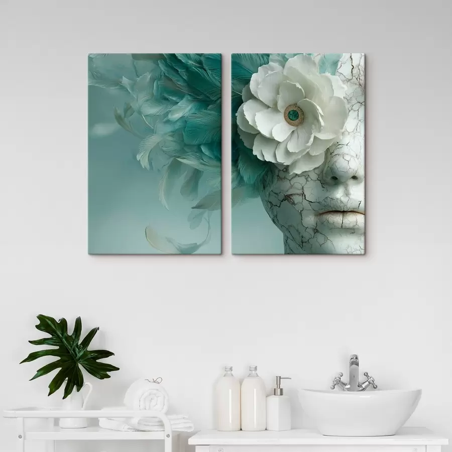  Peintures visage en marbre d'une fille avec une fleur et des plumes m00699