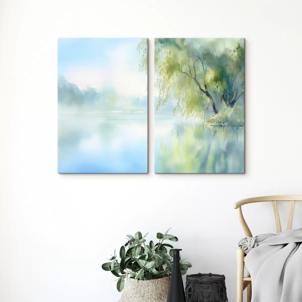  Peintures saule au bord du lac, style aquarelle m00702