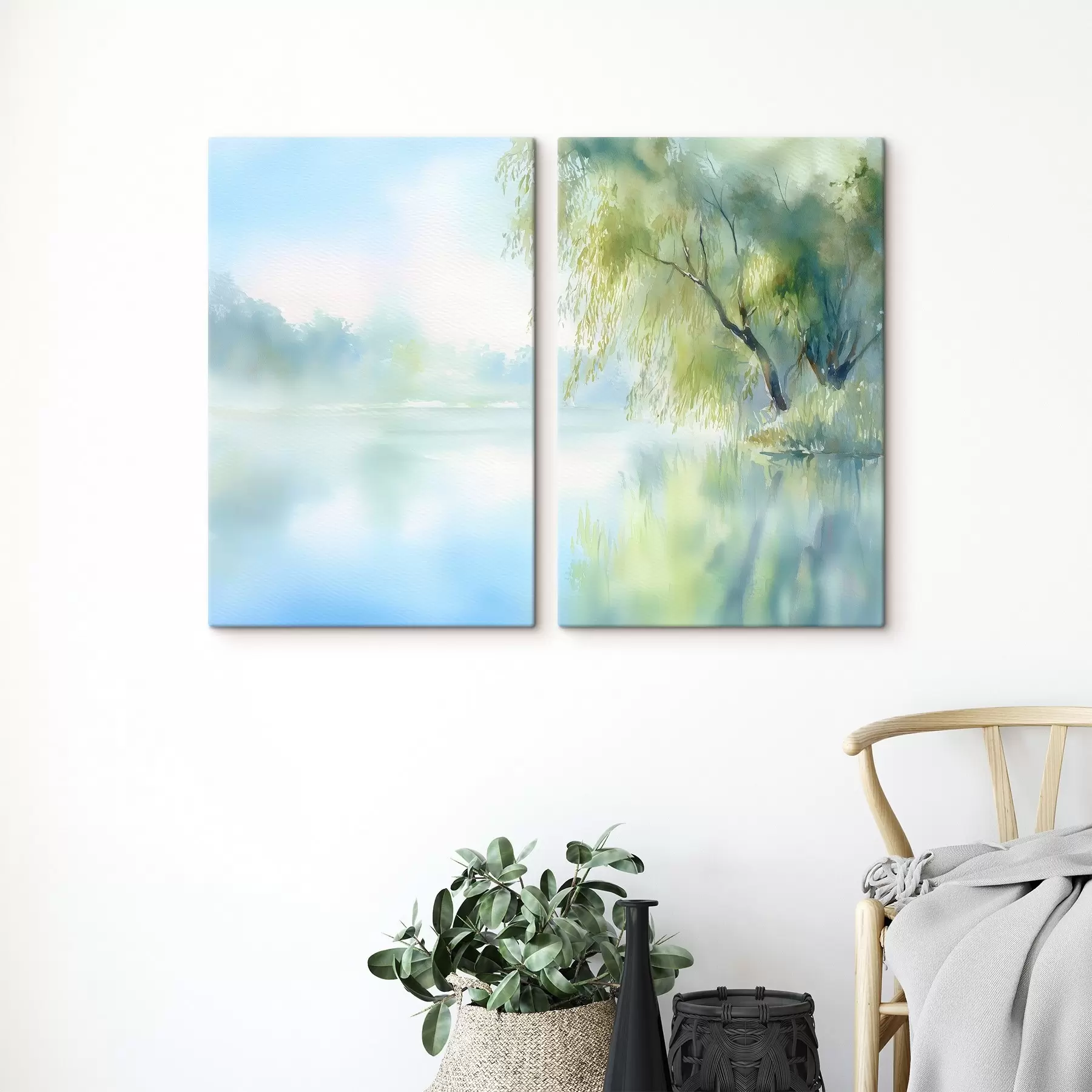  Peintures saule au bord du lac, style aquarelle m00702