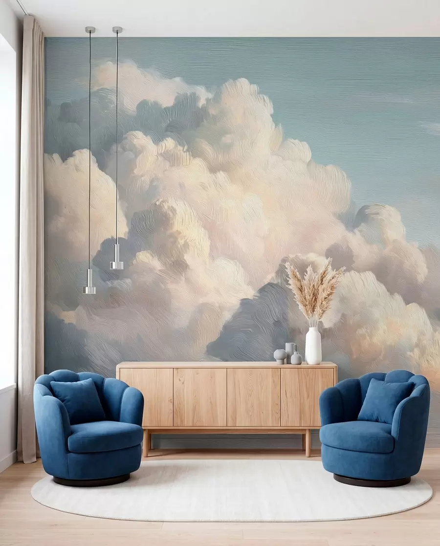 Fotobehang Wolken in een zachtblauwe lucht met lichte textuur w04550v2