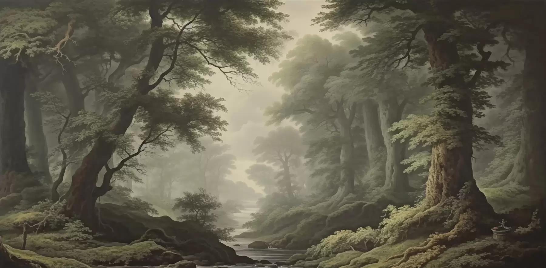 Fotobehang Mistig bos met rivier en hoge oude bomen w04555