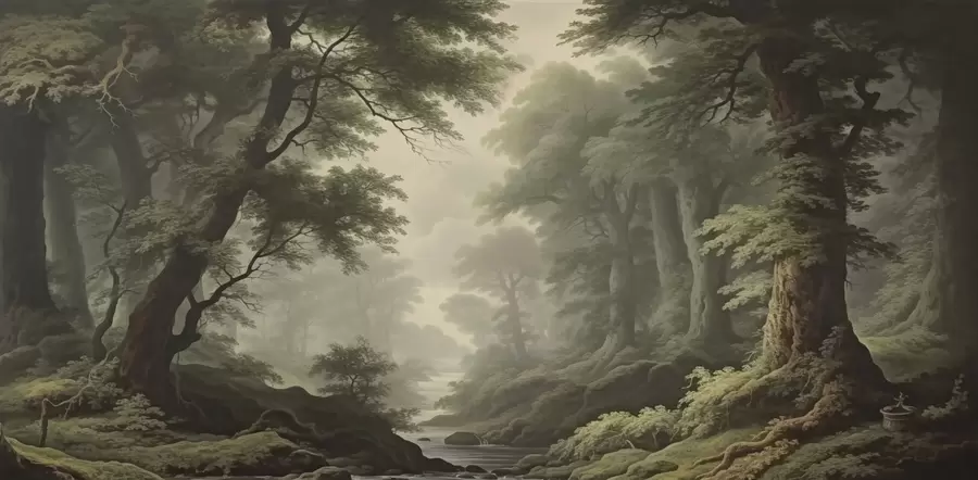 Fotobehang Mistig bos met rivier en hoge oude bomen w04555