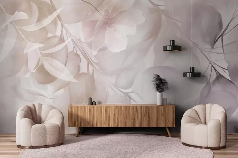 Papier peint photo Art floral avec des fleurs, des feuilles et des branches dans des tons beiges et bruns discrets, des couleurs pastel douces et un effet aquarelle texturé w09397