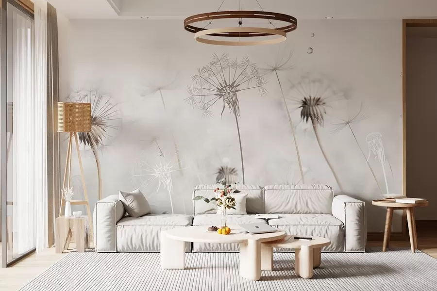 Fotobehang Paardenbloemen met waterdruppels, witte achtergrond, close-up, zacht licht, natuur, botanisch, etherisch, delicaat, minimalistisch w09399