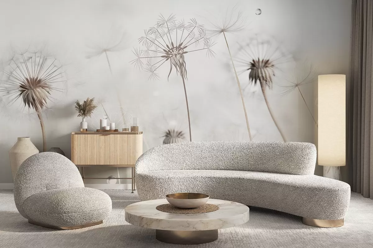 Fotobehang Paardenbloemen met waterdruppels, witte achtergrond, close-up, zacht licht, natuur, botanisch, etherisch, delicaat, minimalistisch w09399