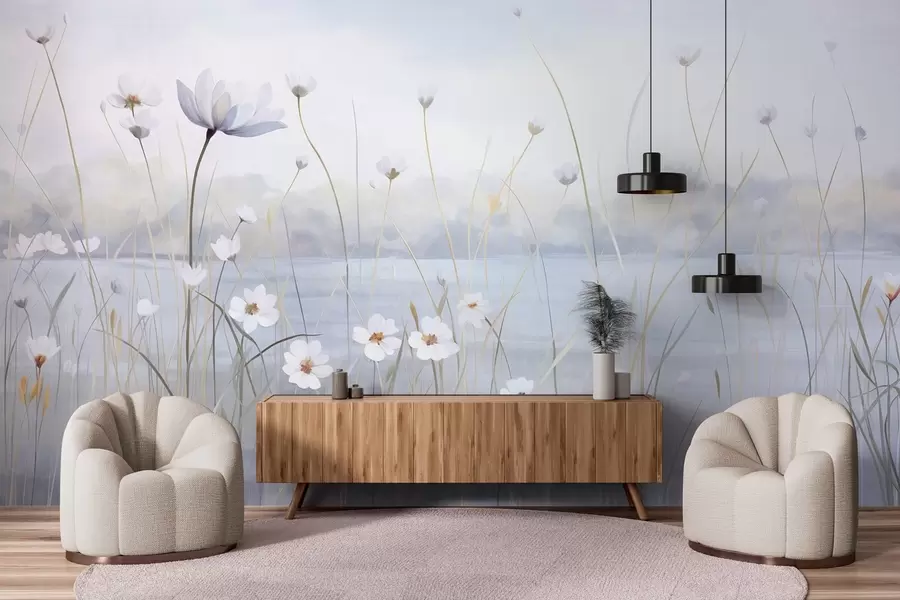 Fotobehang Witte bloemen met lange stelen in een veld, lichtblauwe lucht, zachte kleuren, gestructureerd, minimalistische stijl, geïnspireerd door de natuur, rustige achtergrond w09401