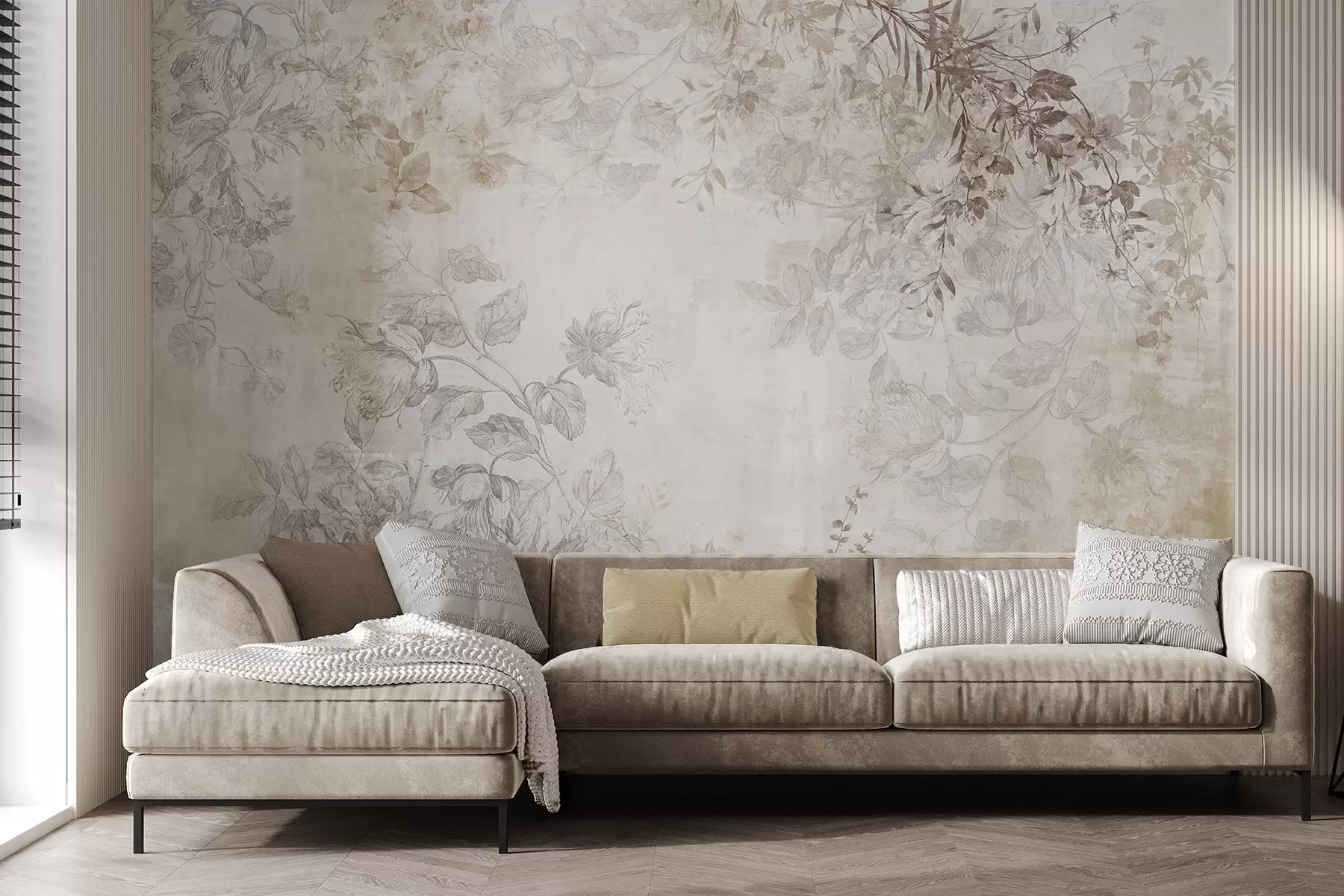 Fotobehang Vintage bloemenkunst met textuur, met illustraties van delicate tuinbloemen en bladeren in tekenstijl, in zachte pastelbeige en sepia tinten w09402