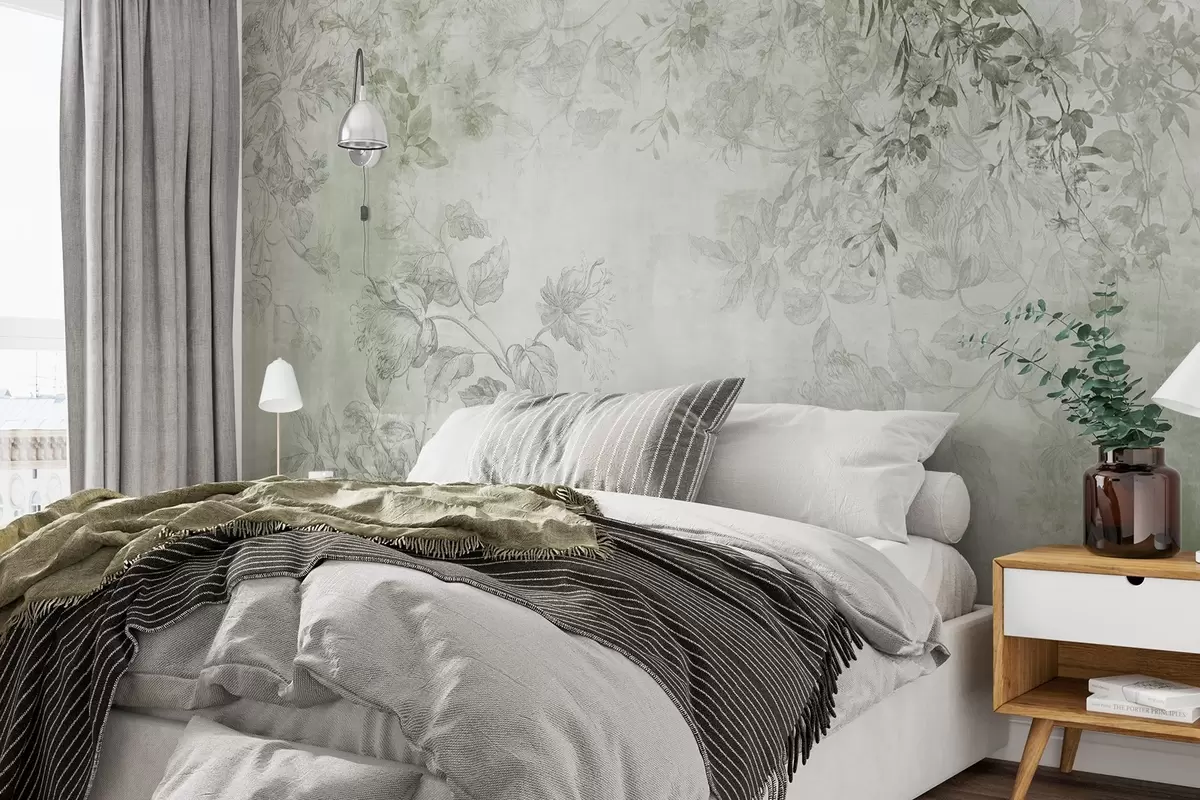 Fotobehang Vintage bloemenkunst met textuur, met illustraties van delicate tuinbloemen en bladeren in tekenstijl, zachte groene tinten w09402v2