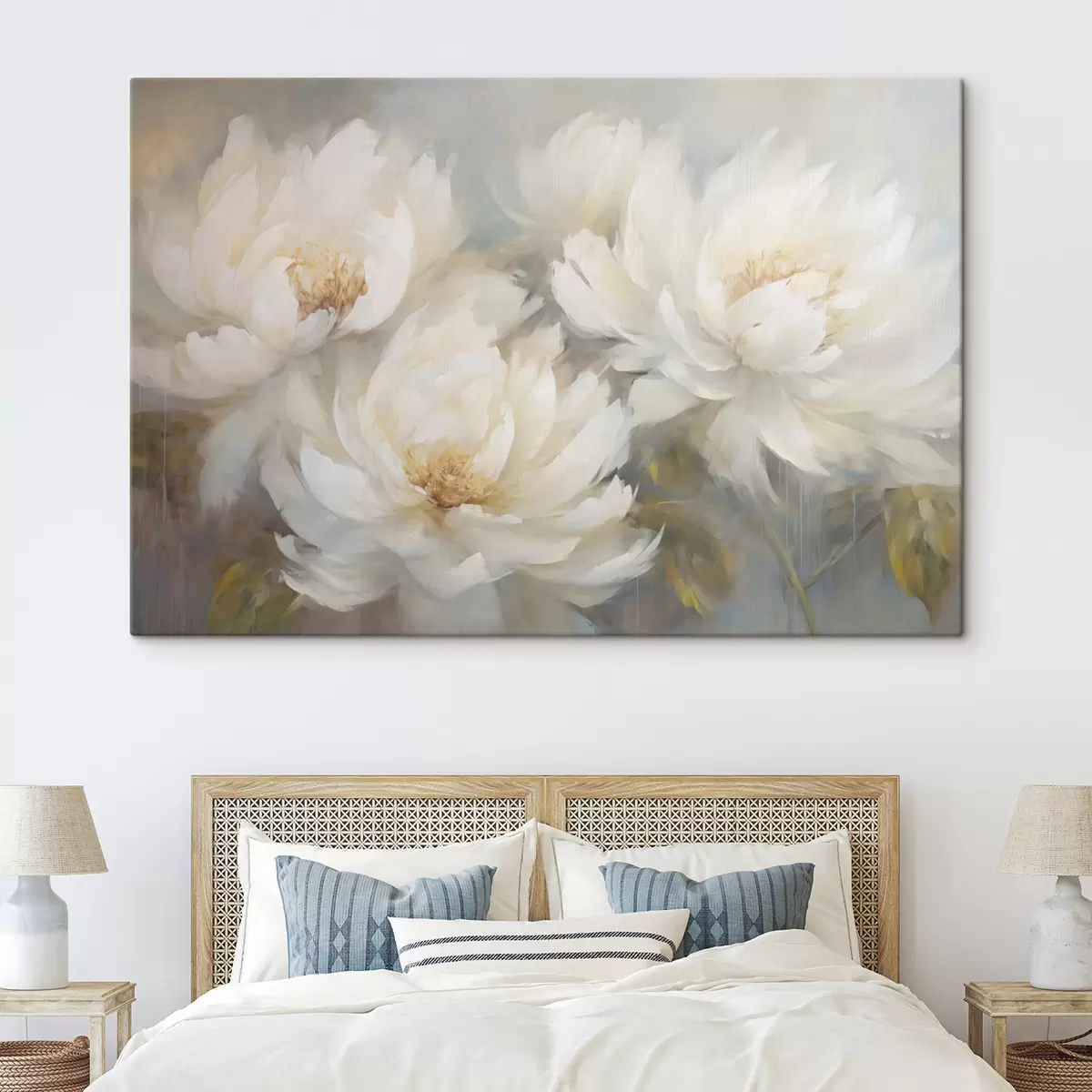  Peintures Trois pivoines blanches luxuriantes sur un fond délicat s45808