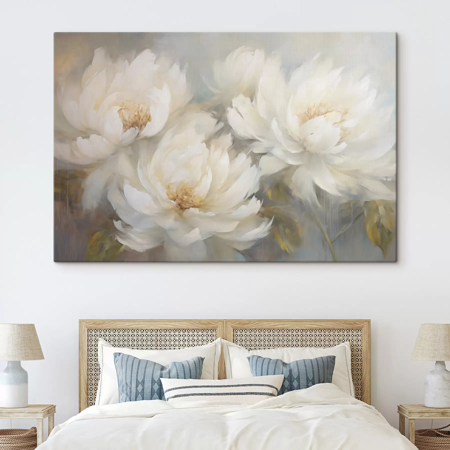  Peintures Trois pivoines blanches luxuriantes sur un fond délicat s45808