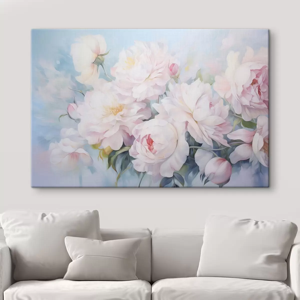  Peintures Délicates pivoines roses sur fond bleu ciel s45813
