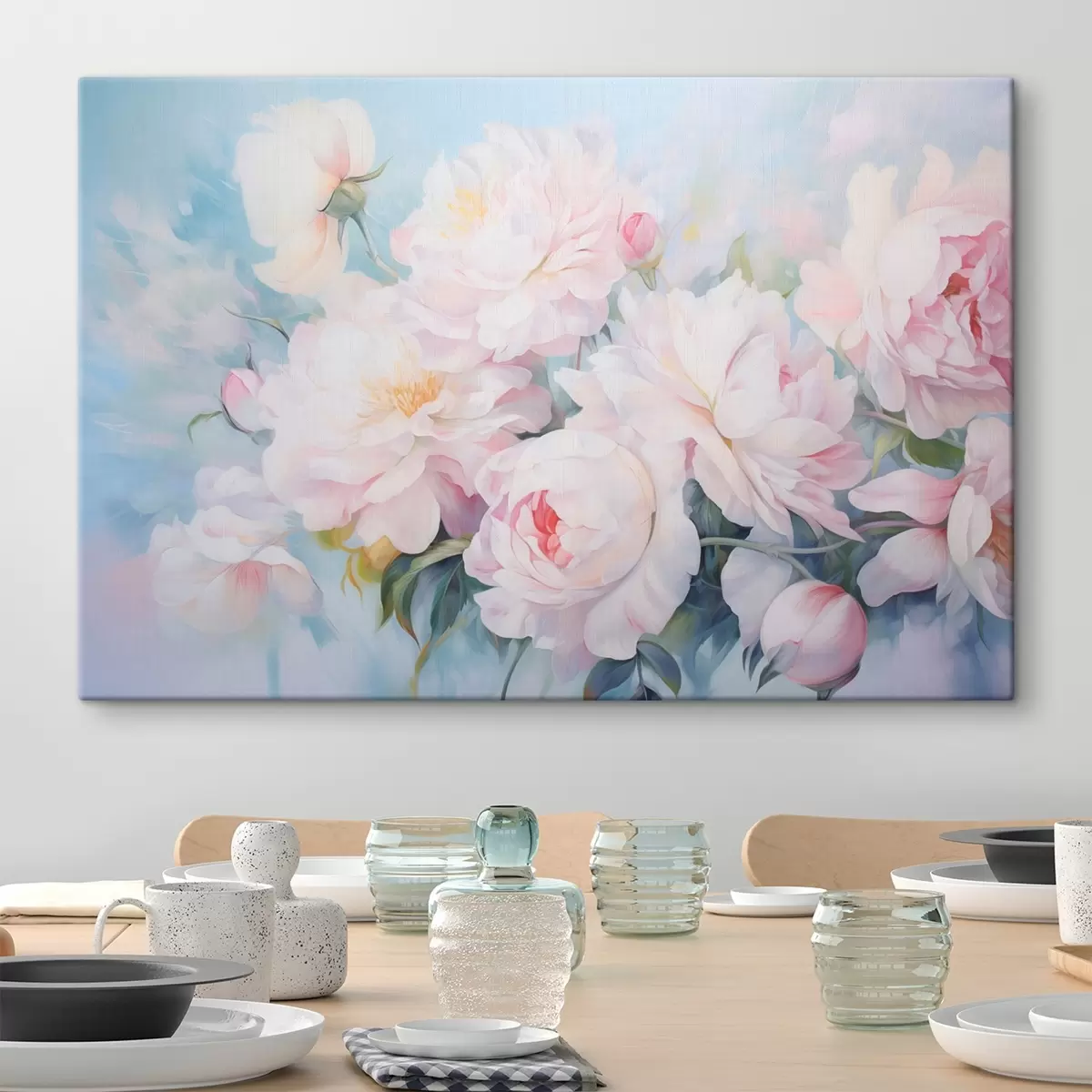  Schilderijen Delicate roze pioenrozen op een hemelsblauwe achtergrond s45813