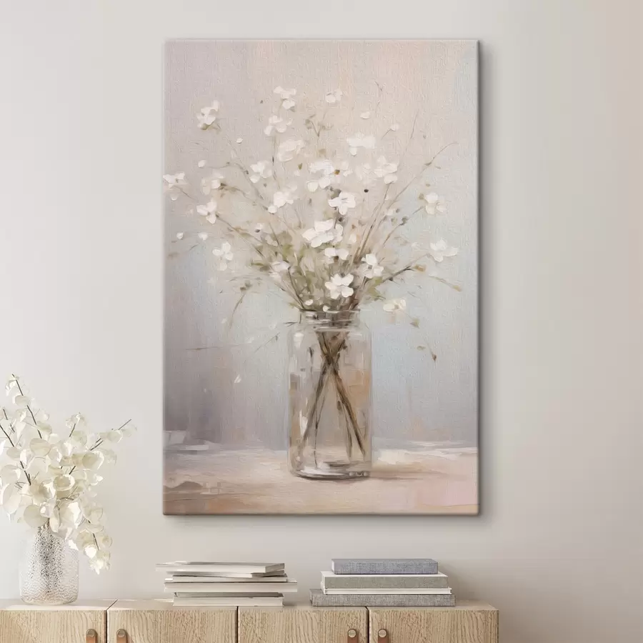  Peintures Un bouquet de fleurs blanches dans un vase en verre transparent s45814