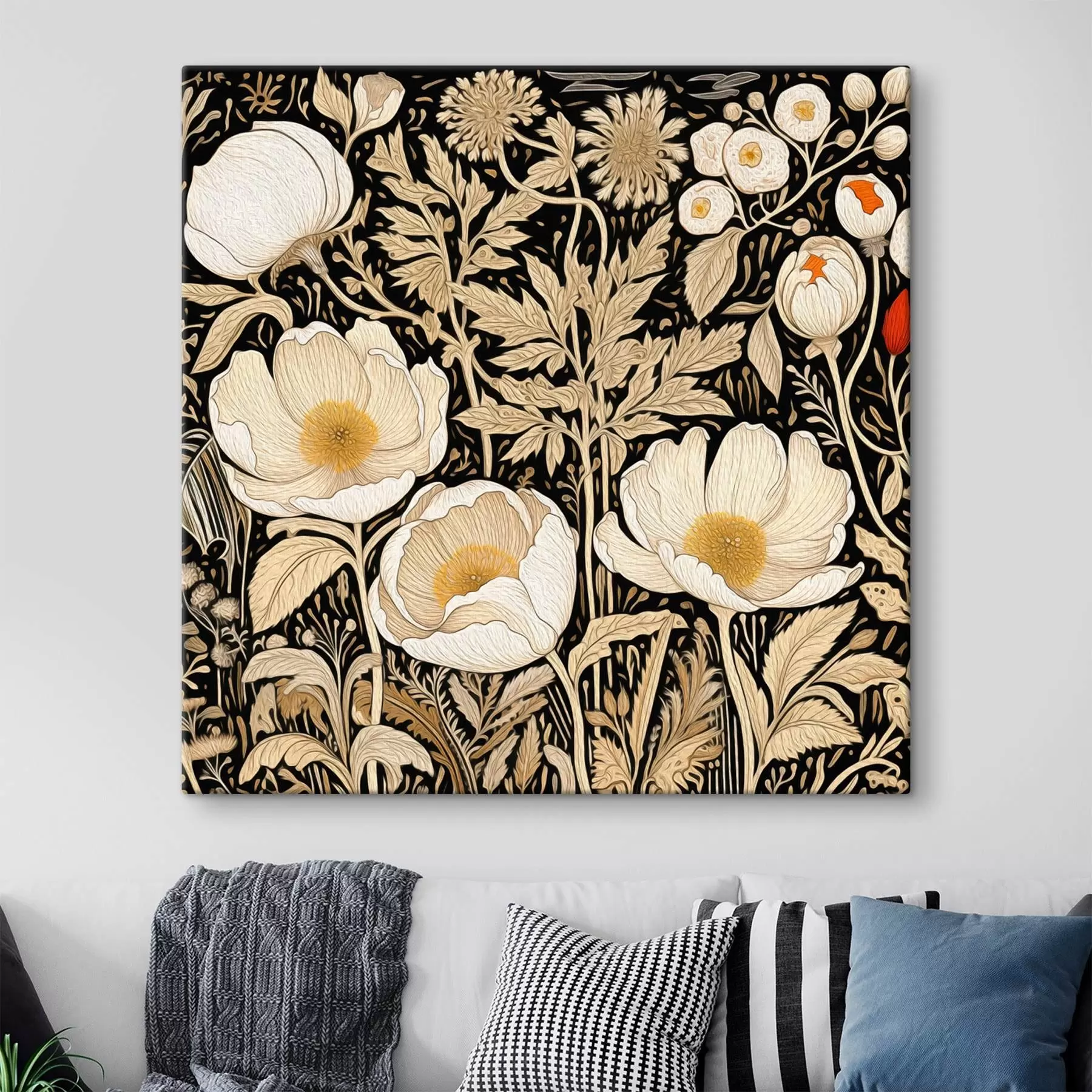  Schilderijen Crèmekleurige bloemen en grassen op een zwarte achtergrond s45816