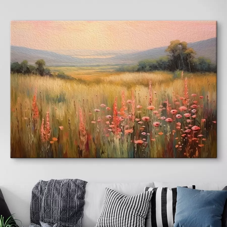  Peintures Paysage champêtre avec fleurs au coucher du soleil s45818