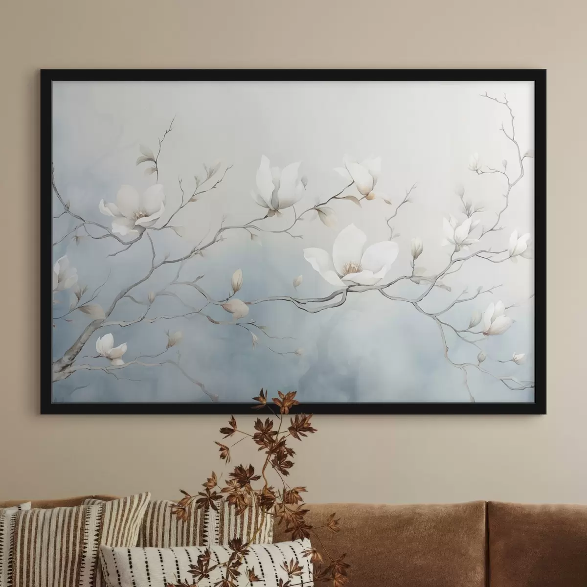 Poster Magnoliatakken met witte bloemen op een delicate achtergrond f45806