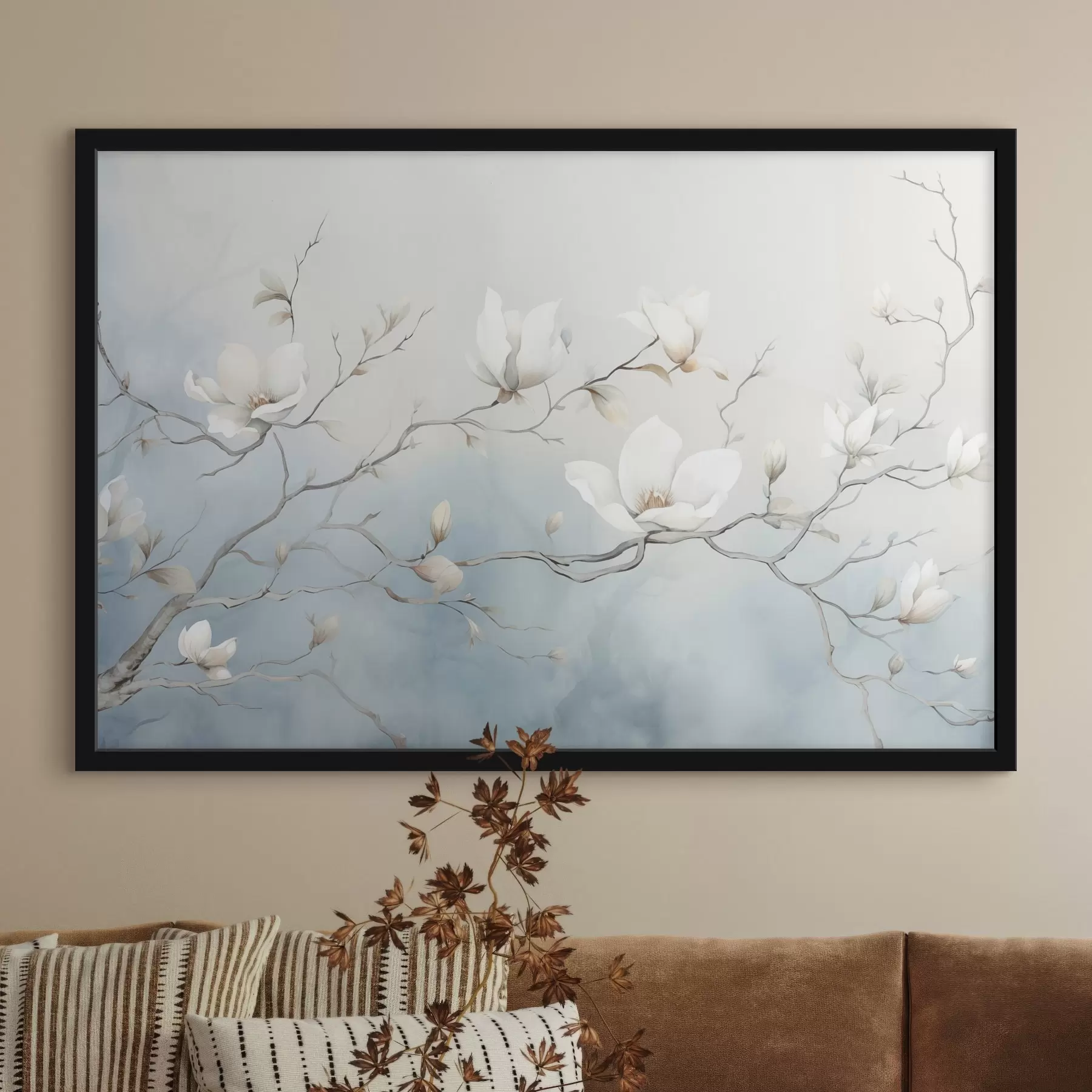Fotobehang Magnoliatakken met witte bloemen op een delicate achtergrond f45806