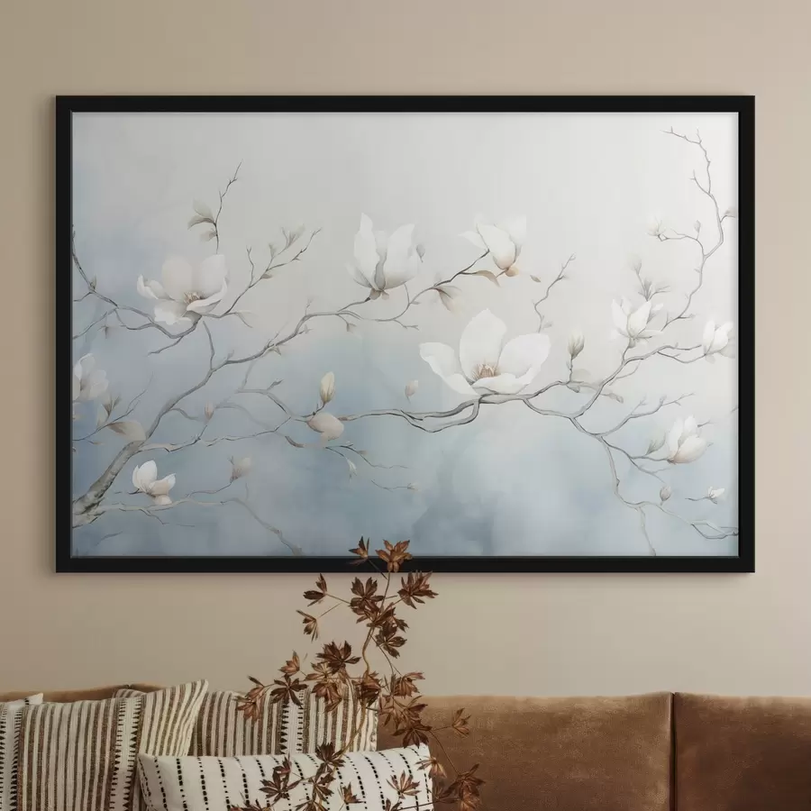 Fotobehang Magnoliatakken met witte bloemen op een delicate achtergrond f45806