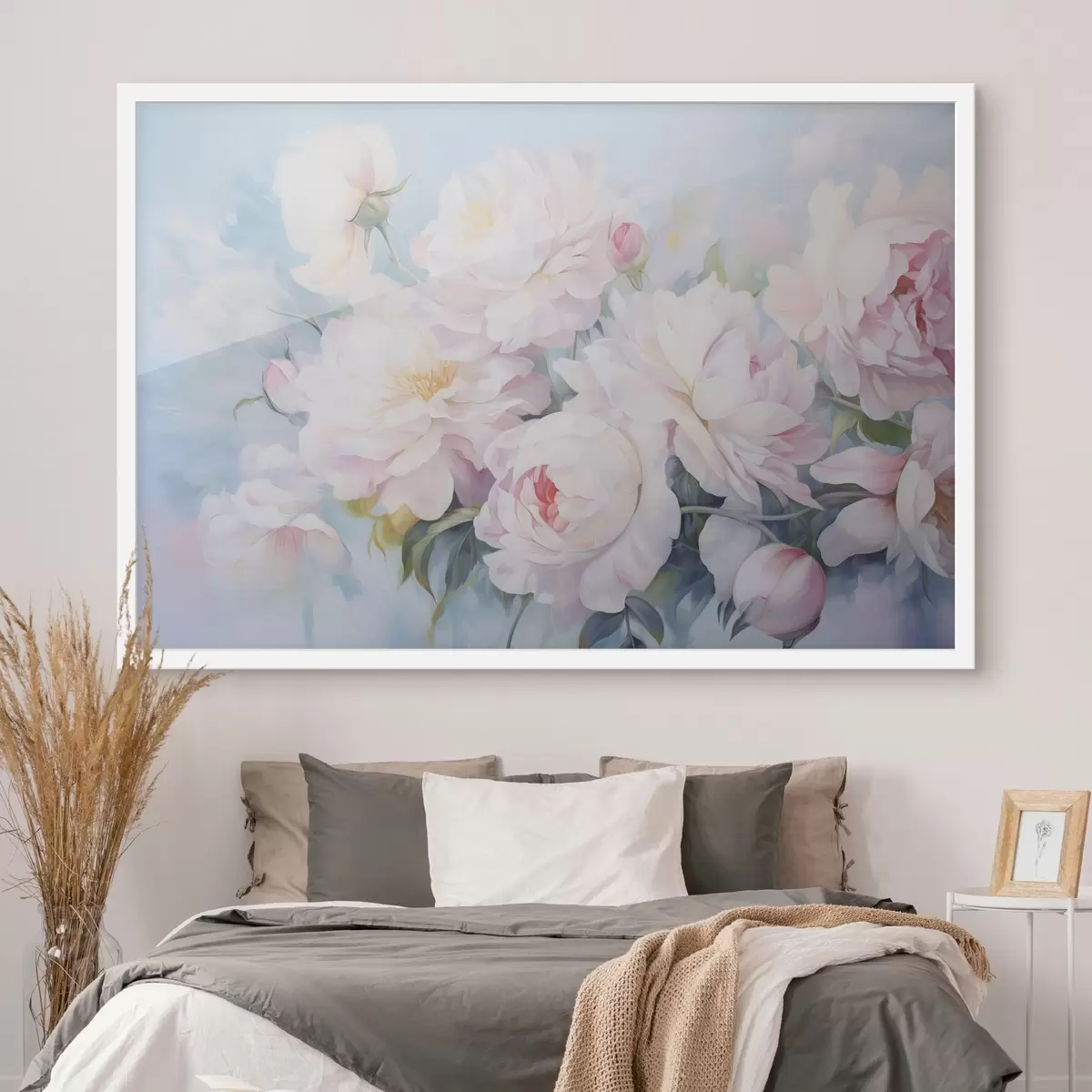 Poster Delicate roze pioenrozen op een hemelsblauwe achtergrond f45813