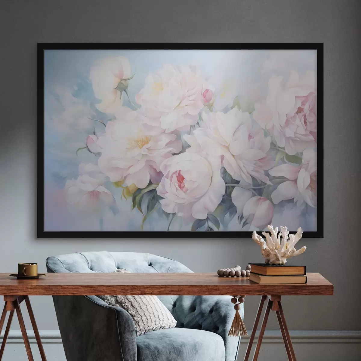 Affiche Délicates pivoines roses sur fond bleu ciel f45813