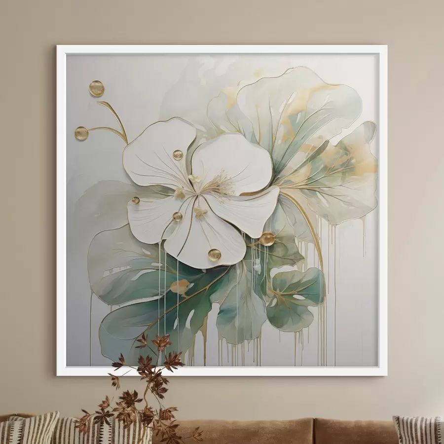 Papier peint photo Une fleur blanche avec des détails jaune-orange et des feuilles vertes f45815
