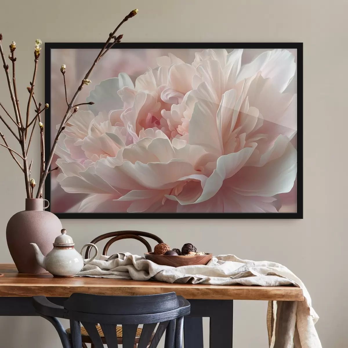 Poster Bloeiende pioenroos in roze en beige tinten f45825