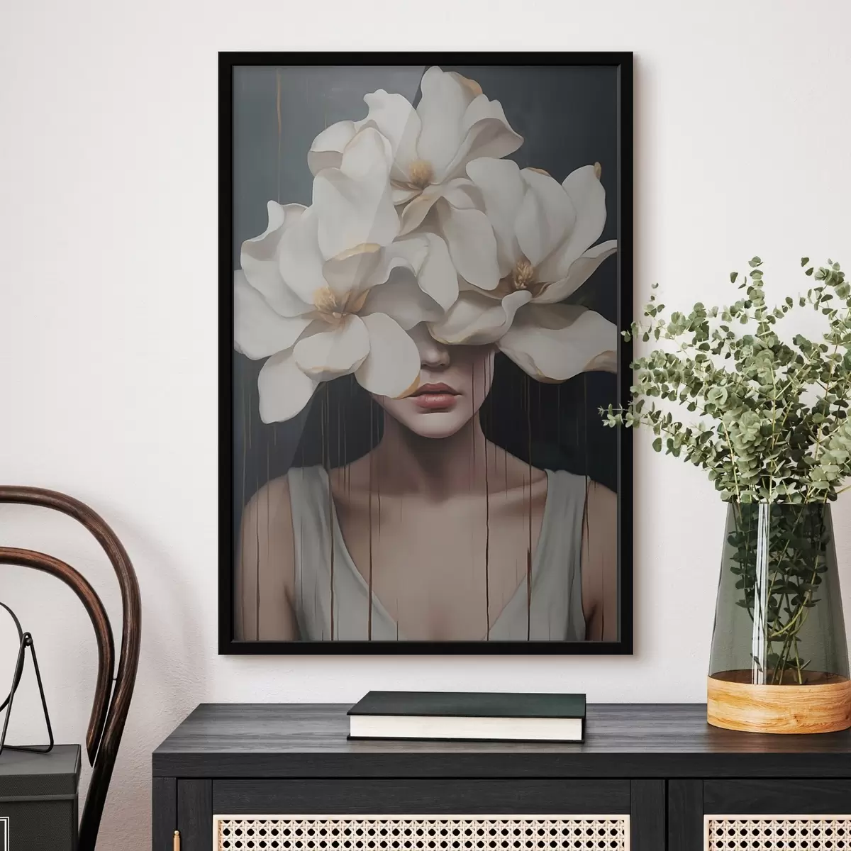 Poster Vrouw met witte bloemen op haar hoofd f45843