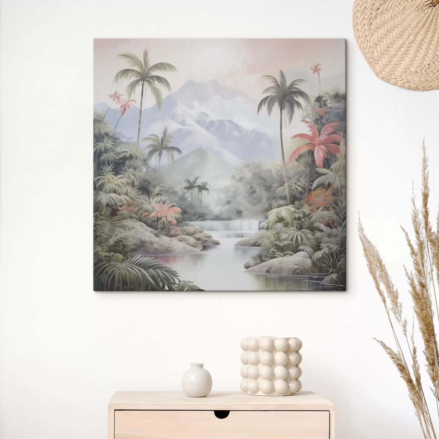  Peintures Rivière dans la forêt tropicale devant les montagnes s45913