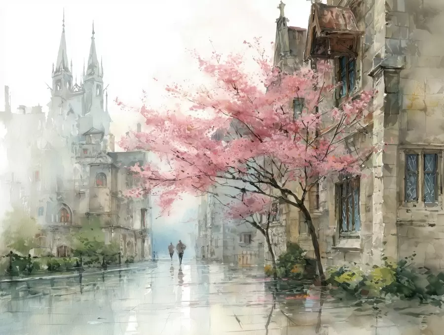 Fotobehang stadsgezicht in aquarelstijl w04500