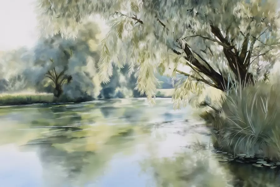 Papier peint photo arbre de style aquarelle au-dessus du lac w04501