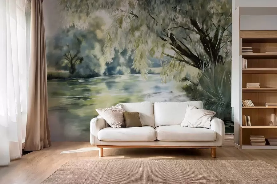 Fotobehang boom in aquarelstijl boven het meer w04501