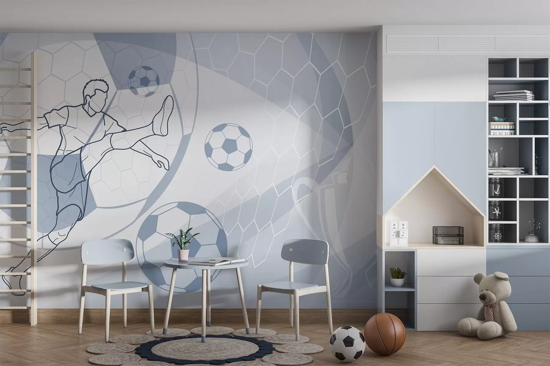 Fotobehang Voetballer en ballen w04601