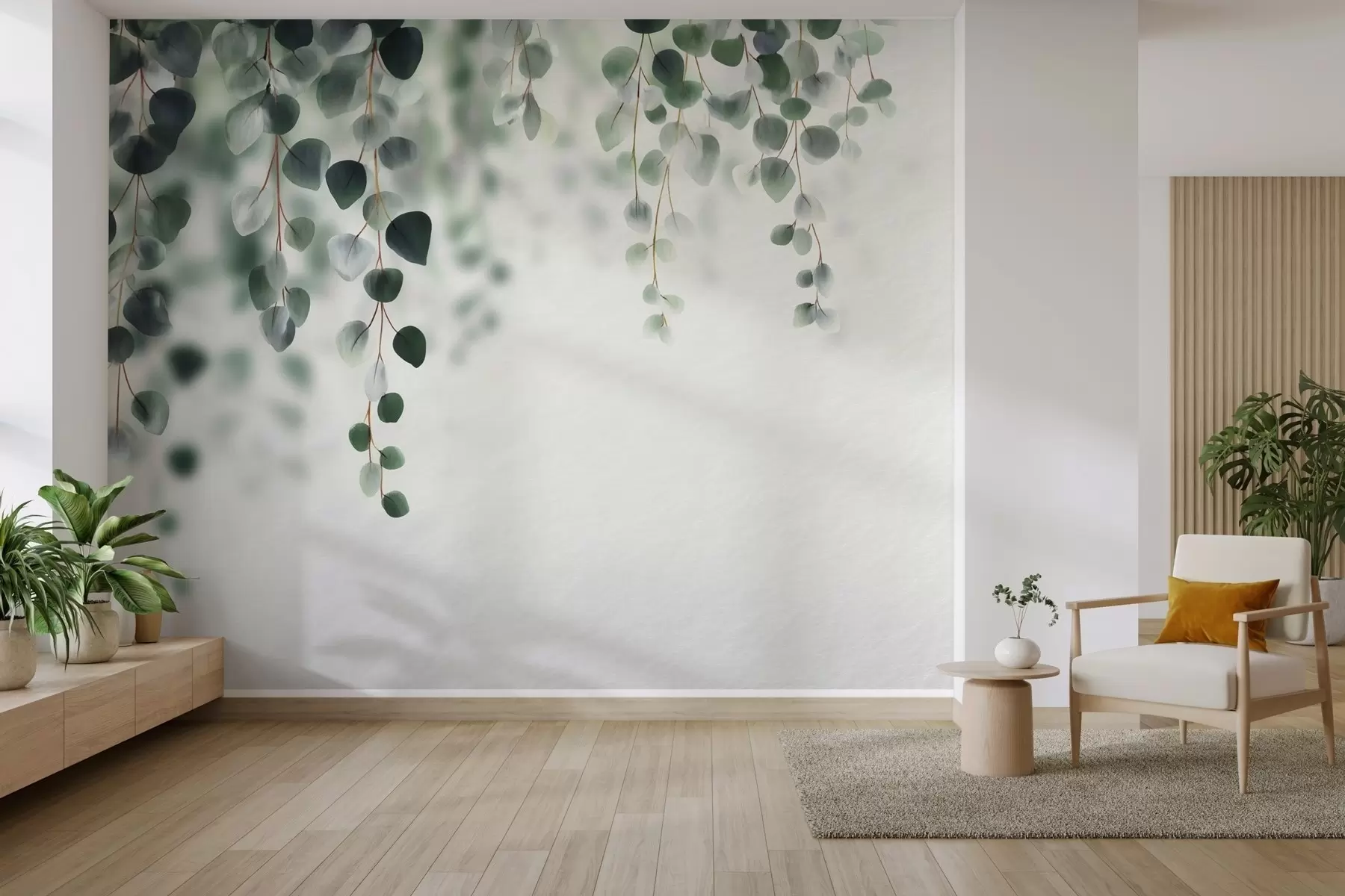 Fotobehang Vallende eucalyptus op een lichte achtergrond w04393