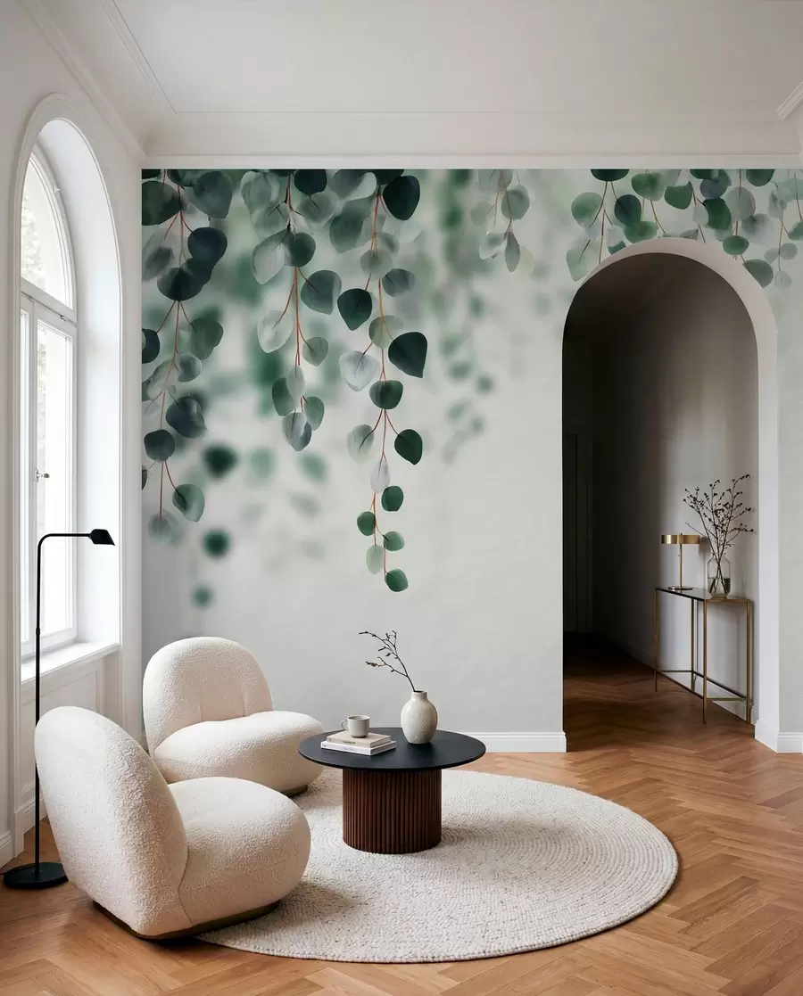 Fotobehang Vallende eucalyptus op een lichte achtergrond w04393