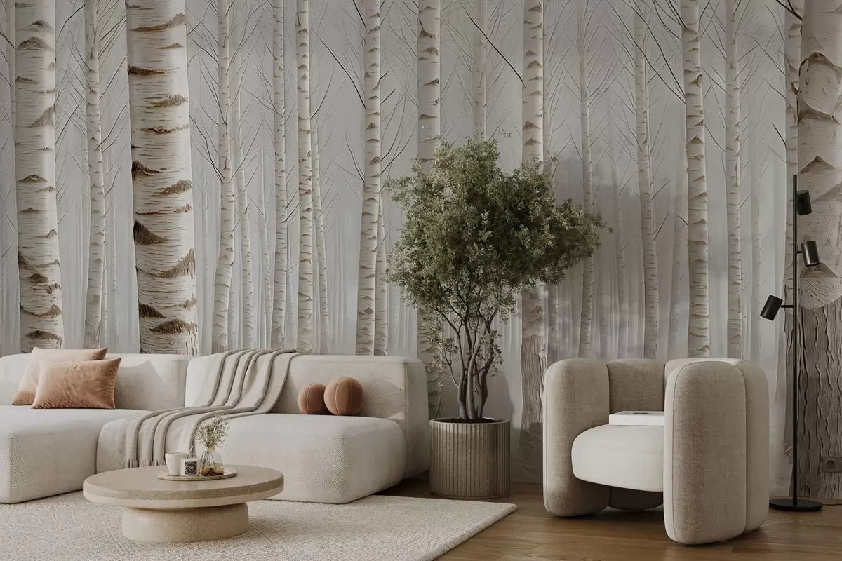 Fotobehang Berkenbos in de mist, licht minimalisme w04574