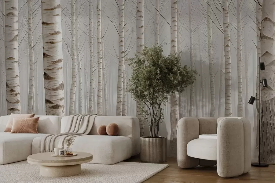 Papier peint photo Forêt de bouleaux dans le brouillard, minimalisme lumineux w04574