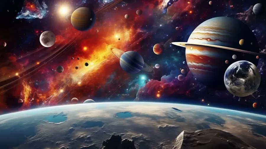 Fotobehang Kleurrijke kosmos met planeten en nevels w04576