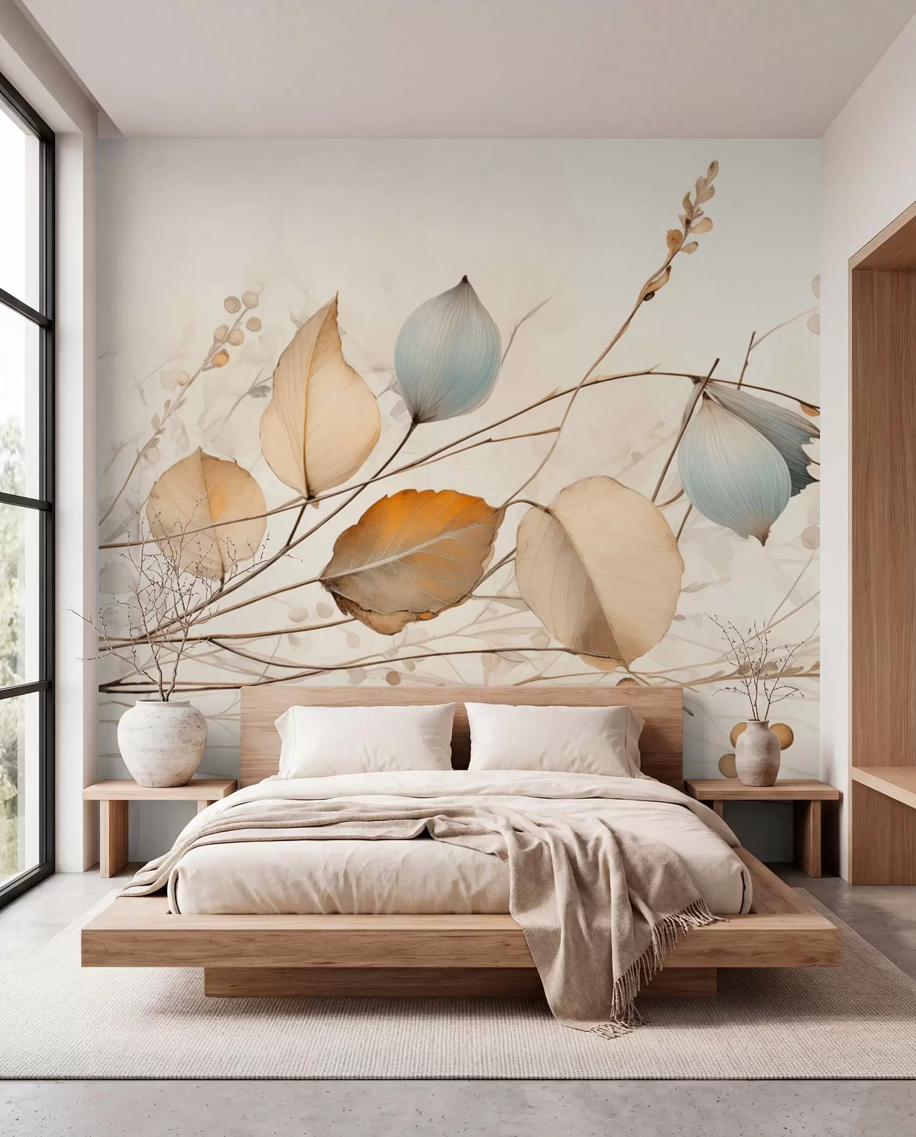 Fotobehang Delicate takken met bladeren in beige tinten w04579