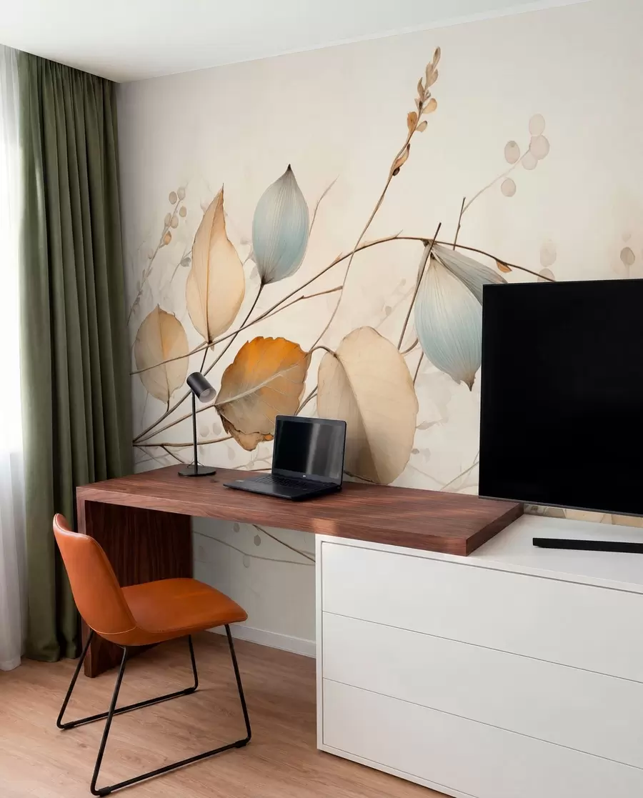 Fotobehang Delicate takken met bladeren in beige tinten w04579