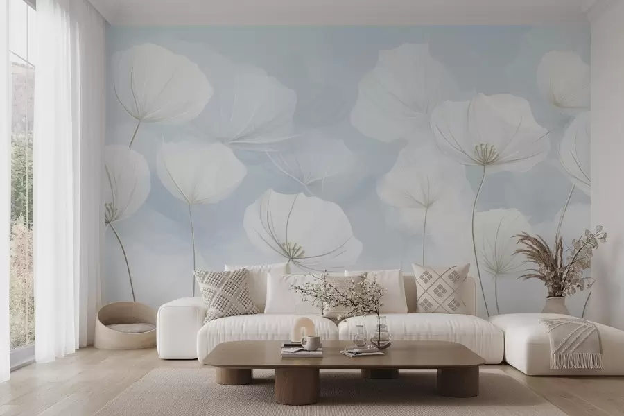 Fotobehang Luchtige witte bloemen op een blauwe achtergrond w04580